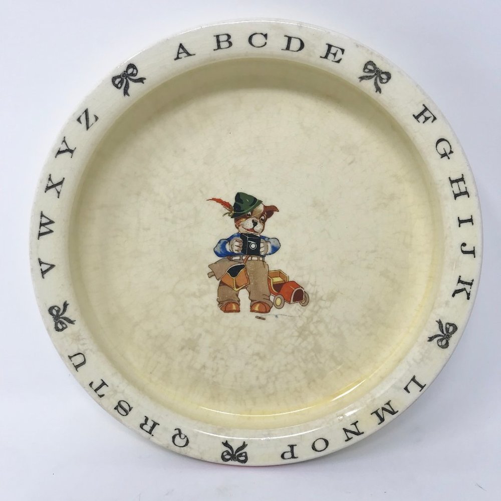 Antique Crown Potteries Child's Feeding Dish ABC Nursery Dog w/ Camera